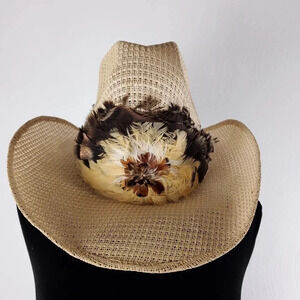 JMG Hats Straw and feathers US size 6 5/8